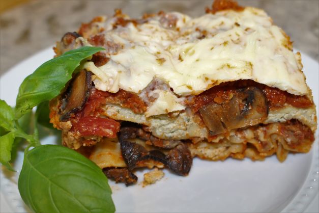 Plant-based lasagna with mushrooms