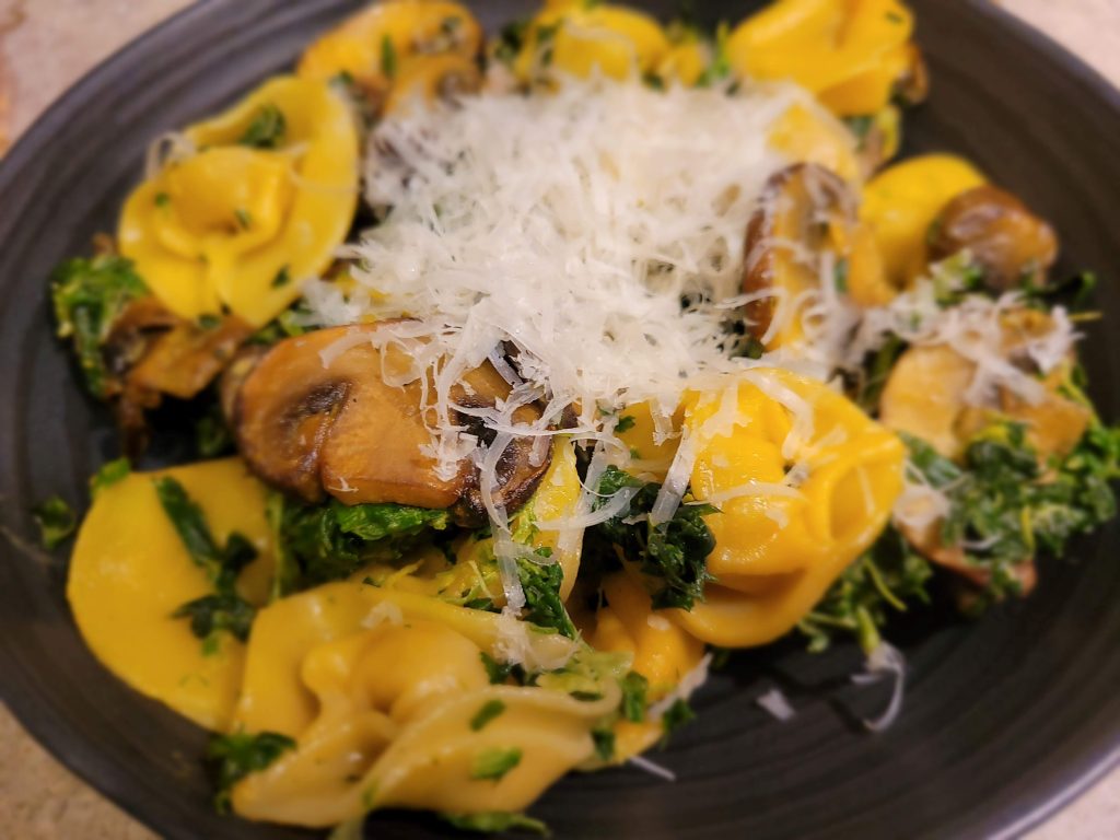A plate of pasta with cheese and mushrooms.