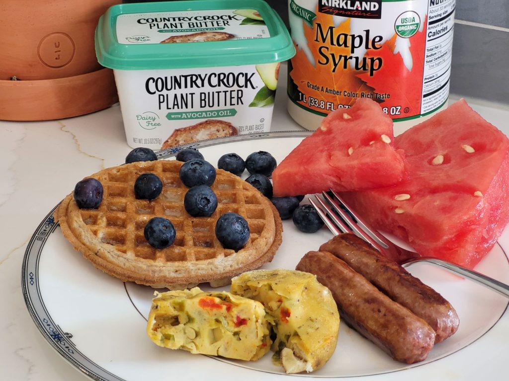 three vegan products for review. Waffles, egg bites, and breakfast sausage links.